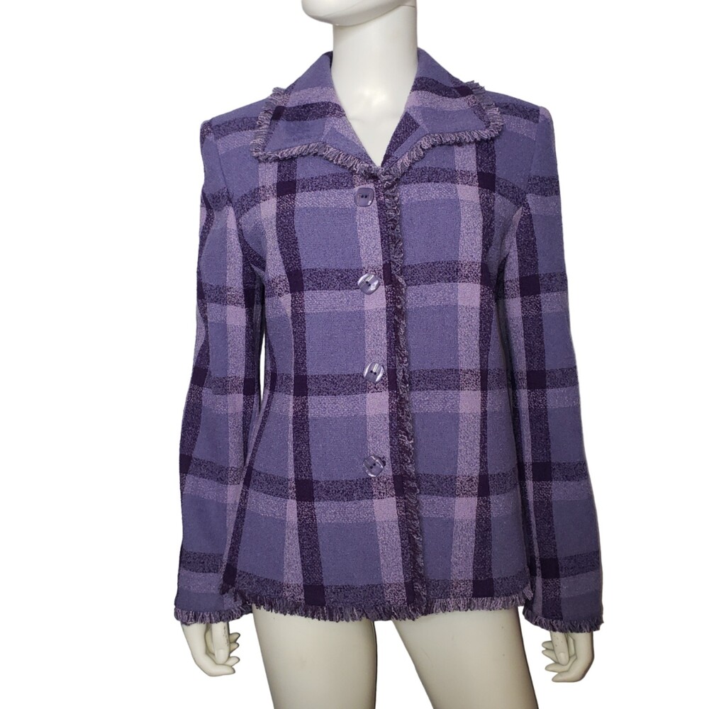 PENDLETON Virgin Wool Purple Plaid Fringe Blazer Size 10